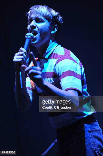 Jonathan Pierce of The Drums performs on stage at Hammersmith Apollo on May 14, 2010 in London, England.
