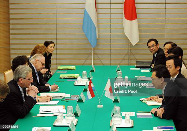 Prime Minister of Luxembourg, Jean-Claude Juncker meets Japanese Prime Minister Yukio Hatoyama at Hatoyama's official residence on May 19, 2010 in...