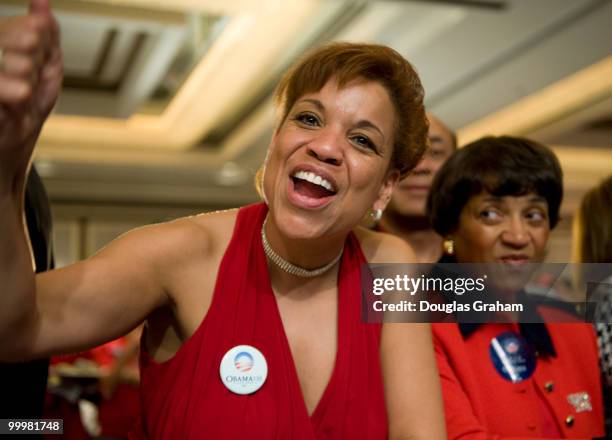 Barbara Heron and Sandra Stiner Lowe cheer as results come in at the Hilton McLean Tysons Corner in McLean, Virginia. November 4, 2008.