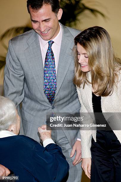 Prince Felipe and Princess Letizia of Spain attend an audience with 'Principe de Girona' Foundation team at La Zarzuela Palace on May 19, 2010 in...