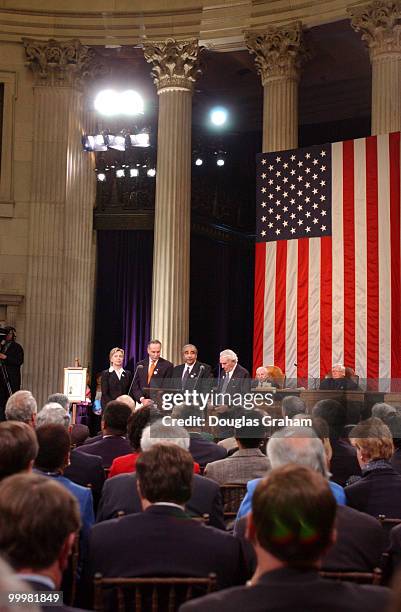 Hillary Clinton, Charles Schumer, Charles Rangel and Benjamin Gilman during the Commemorative Joint Meeting of Congress held at Federal Hall in New...