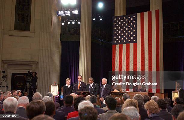 Hillary Clinton, Charles Schumer, Charles Rangel and Benjamin Gilman during the Commemorative Joint Meeting of Congress held at Federal Hall in New...