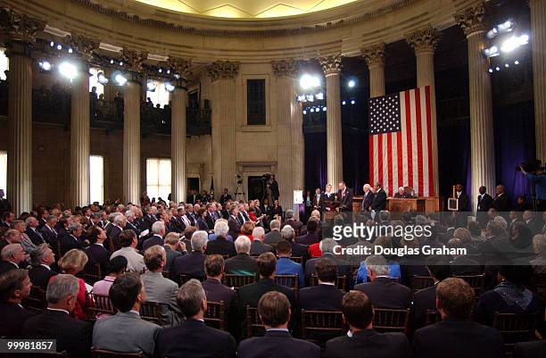 Hillary Clinton, Charles Schumer, Charles Rangel and Benjamin Gilman during the Commemorative Joint Meeting of Congress held at Federal Hall in New...