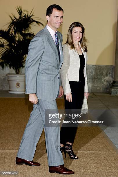 Prince Felipe and Princess Letizia of Spain attend an audience with 'Principe de Girona' Foundation team at La Zarzuela Palace on May 19, 2010 in...