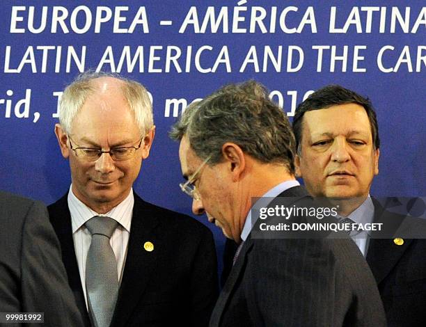 European Union President Belgian Herman Van Rompuy , EU Commission chief Portuguese Jose Manuel Barroso and Colombia's President Alvaro Uribe pose...