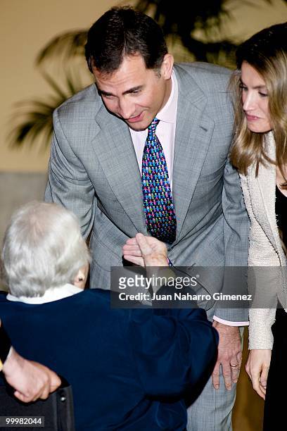 Prince Felipe and Princess Letizia of Spain attend an audience with 'Principe de Girona' Foundation team at La Zarzuela Palace on May 19, 2010 in...