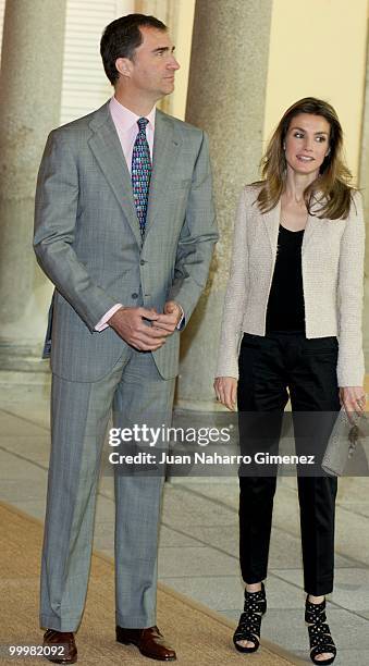 Prince Felipe and Princess Letizia of Spain attend an audience with 'Principe de Girona' Foundation team at La Zarzuela Palace on May 19, 2010 in...