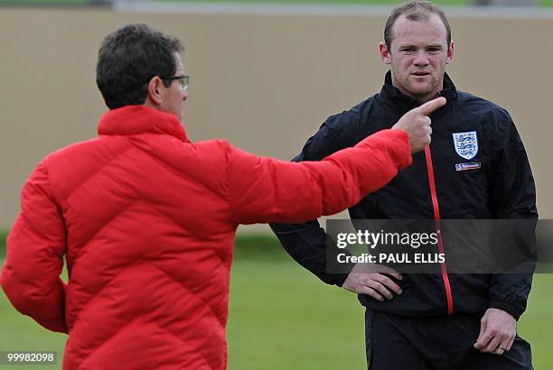 England football coach Fabio Capello directs Wayne Roome and his other players during a team training session in Irdning, Austria on May 19, 2010...