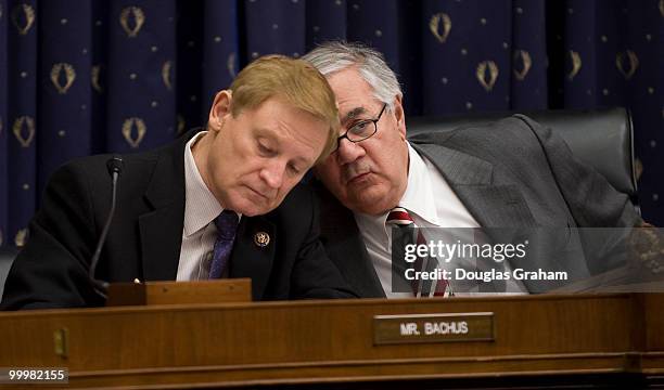 Spencer Bachus, R-AL., and Barney Frank, D-MASS., talk before the start of the House Financial Services Committee full committee hearing on "The...