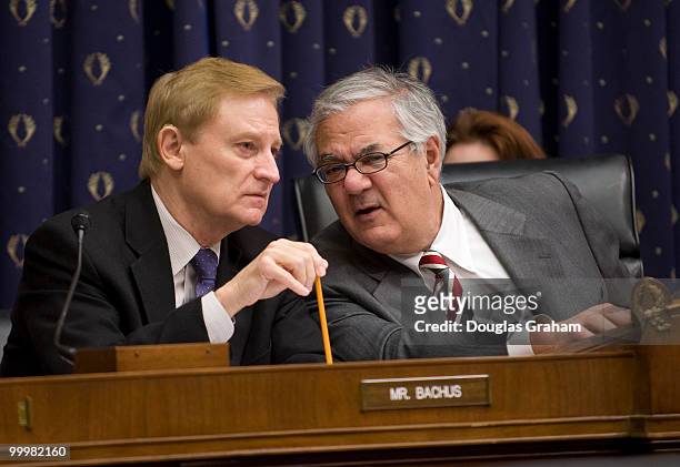 Spencer Bachus, R-AL., and Barney Frank, D-MASS., talk before the start of the House Financial Services Committee full committee hearing on "The...