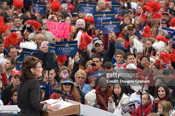 Vice presidential candidate and Alaska Gov. Sarah Palin during a MCCain/Palin rally at J.R. Festival Lakes at Leesburg Virginia on October 27, 2008.