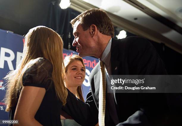 Mark Warner greets his daughters Gillian and Madison at his victory party at the Hilton McLean Tysons Corner in McLean, Virginia. November 4, 2008.