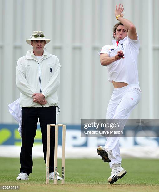 Liam Plunkett of England Lions in action bowling during day one of the match between England Lions and Bangladesh at The County Ground on May 19,...