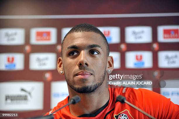 French midfielder Yann Mvila answers to journalists after a training session on May 12, 2010 in Rennes.. Mvila has been selected by French football...