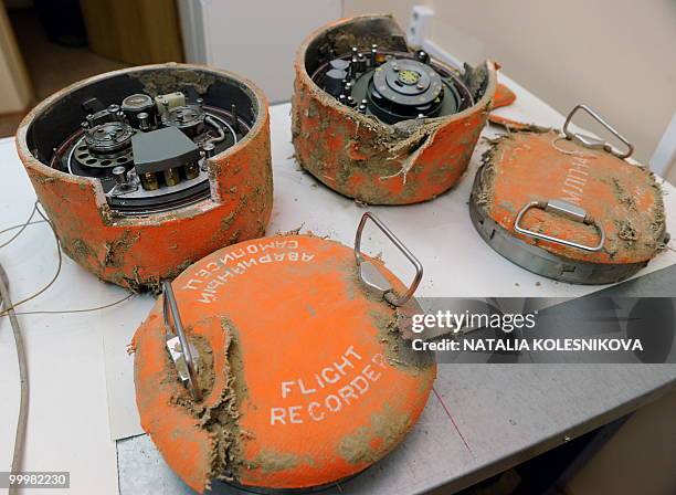 The flight recorders from the plane of Polish President Lech Kaczynski sit on a table at the headquarters of the inter-state air committee in Moscow...