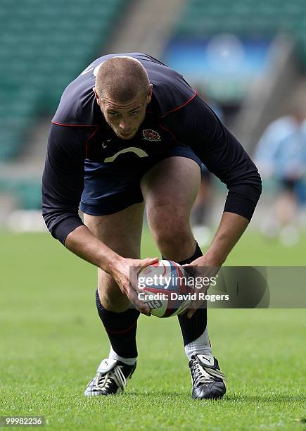 Dave Attwood runs with the ball during an England training session held at Twickenham on May 18, 2010 in Twickenham, England.