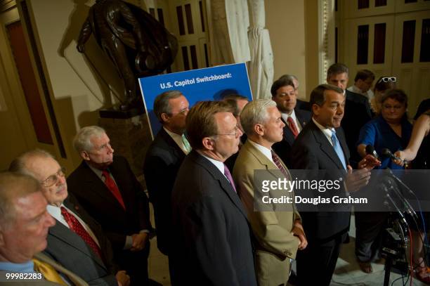 John Boehner, R-OH., and several other Republican House members speak to reporters during the House Republicans' news conference on their House Floor...