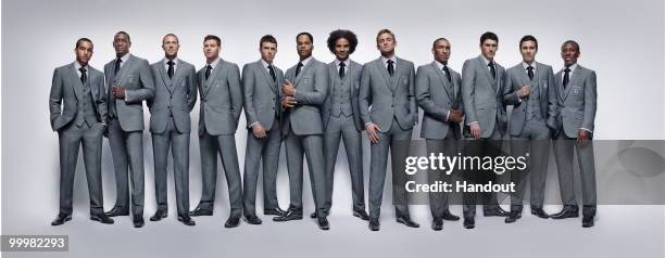 In this undated handout image provided by M&S, Theo Walcott, Emile Heskey, Matthew Upsom, Steven Gerrard, Michael Carrick, Joleon Lescott, David...