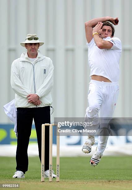 Liam Plunkett of England Lions in action bowling during day one of the match between England Lions and Bangladesh at The County Ground on May 19,...