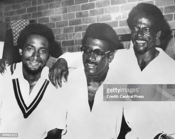 West-Indian cricketers Andy Roberts, Clive Lloyd and Roy Fredericks after they beat Australia in the Second Test at Perth, Australia, 22nd December...