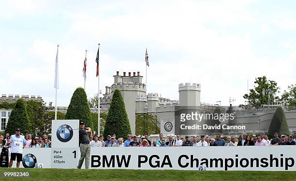 Ernie Els of South Africa tees off on the 1st hole during the Pro-Am round prior to the BMW PGA Championship on the West Course at Wentworth on May...