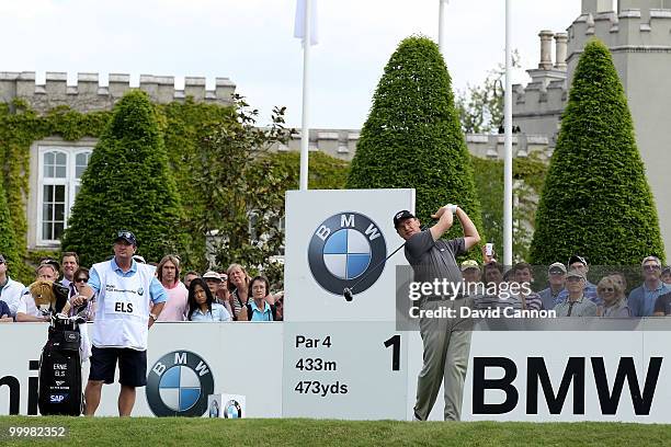 Ernie Els of South Africa tees off on the 1st hole during the Pro-Am round prior to the BMW PGA Championship on the West Course at Wentworth on May...