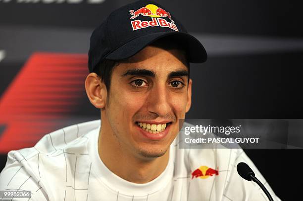 Toro Rosso's Swiss driver Sebastien Buemi attends a press conference at the Monaco street circuit on May 12 three days ahead of the Monaco Formula...