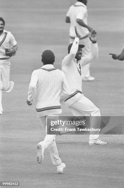 West Indian cricket captain Viv Richards celebrates the dismissal of England's Ian Botham at the Wisden Trophy, 4th Test, at The Oval, London, 29th...