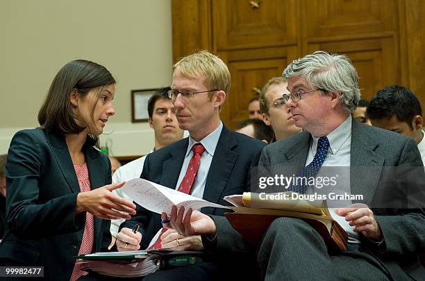 Walter Lukken, acting chairman and commissioner of the U.S. Commodity Futures Trading Commission confers with his staff during the oversight and...