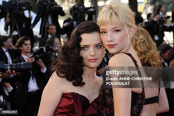 French actress Roxane Mesquida and US actress Haley Bennett arrive for the screening of "Wall Street - Money Never Sleeps" presented out of...