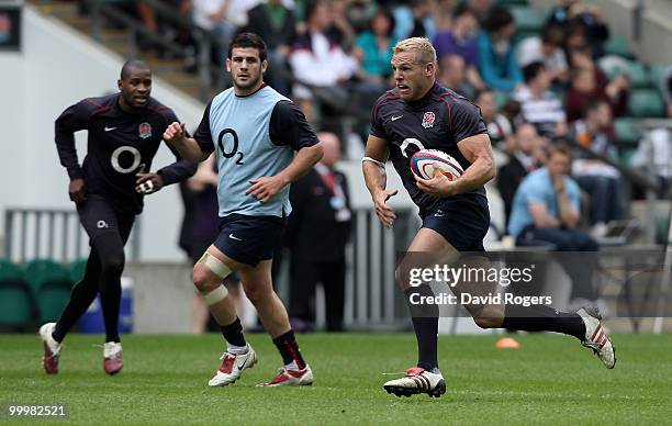 James Haskell runs with the ball during an England training session held at Twickenham on May 18, 2010 in Twickenham, England.