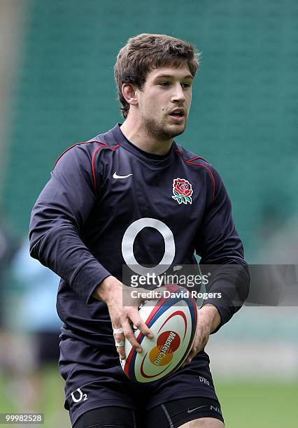Dominic Waldouck holds onto the ball during an England training session held at Twickenham on May 18, 2010 in Twickenham, England.