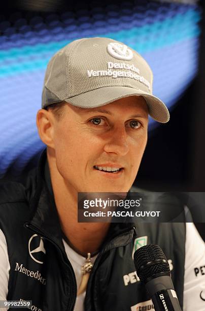 Mercedes GP's German driver Michael Schumacher gives a press conference in his team motorhome at the Monaco street circuit on May 12 three days ahead...