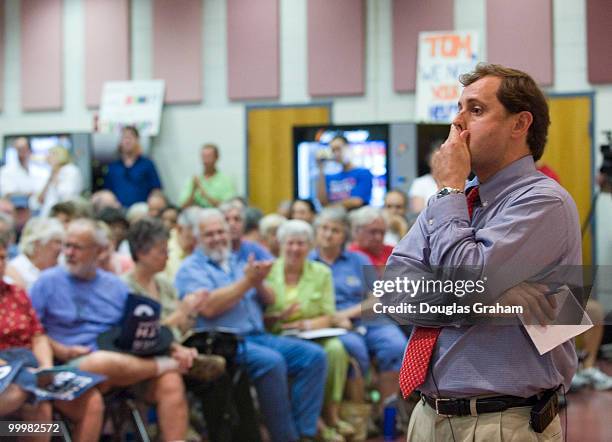 Tom Perriello, D-VA., addresses a mostly pro-heath care crowd during a town hall meeting at the Fluvanna Middle School in Fluvanna County Virginia....