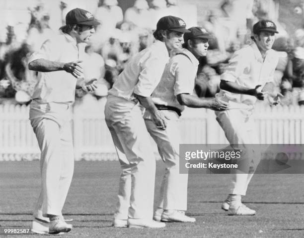 Australian slip fielders during a Test match against England, Australia, circa 1975. Left to right: Ian Chapell, Greg Chappell, Doug Walters and Rick...