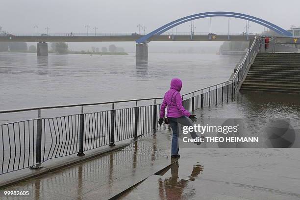 Woman walks in the flood water at the banks of the River Oder in the eastern German city of Frankfurt/Oder on the German-Polish border on May 19,...