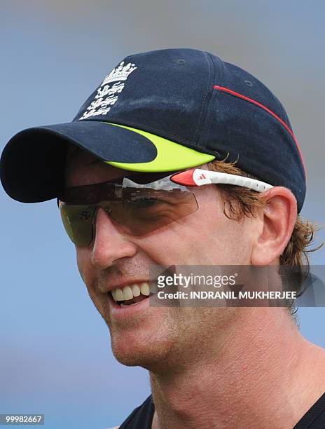 England cricketer Paul Collingwood smiles during a training session at the Beausejour Cricket Ground on May 12, 2010 in Gros Islet, St Lucia. England...