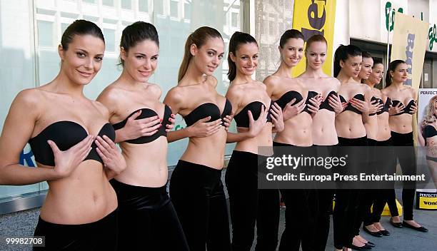 Several models wearing the bra 'Perfect Strapless, designed by Wonderbra, poses before jumping on a trampoline to test the effectiveness of the new...