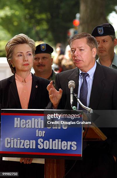 Hillary Clinton, D-N.Y., and Lindsey Graham, R-S.C., during a news conference on health care for National Guard and Reserve members in the Upper...