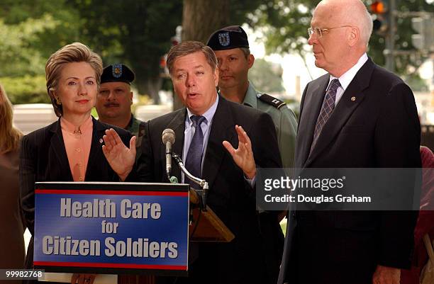 Hillary Clinton, D-N.Y., Lindsey Graham, R-S.C., and Patrick J. Leahy, D-VT., during a news conference on health care for National Guard and Reserve...