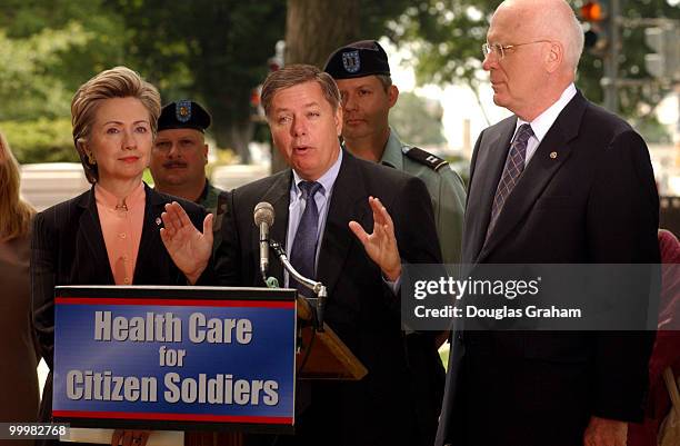 Hillary Clinton, D-N.Y., Lindsey Graham, R-S.C., and Patrick J. Leahy, D-VT., during a news conference on health care for National Guard and Reserve...