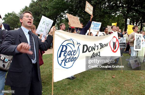 Anti-war protesters in front of the U.S. Capitol. Most were arrested by U.S. Capitol Police for civil disobedience after they staged a sit in infront...