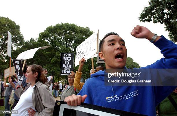 Anti-war protesters in front of the U.S. Capitol. Most were arrested by U.S. Capitol Police for civil disobedience after they staged a sit in infront...