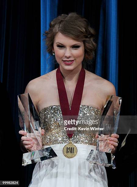 Singer/songwriter Taylor Swift accepts Pop Song of the Year awards at the 58th Annual BMI Pop Awards at the Beverly Wilshire Hotel on May 18, 2010 in...