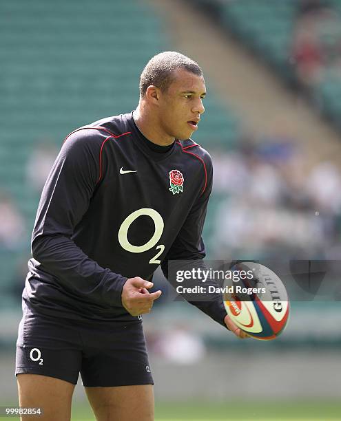 Courtney Lawes passes the ball during an England training session held at Twickenham on May 18, 2010 in Twickenham, England.
