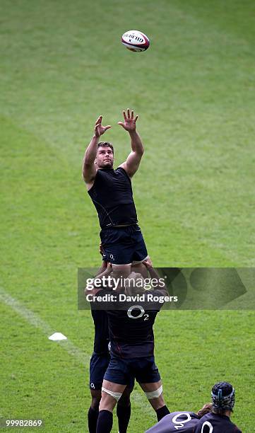 Nick Easter catchecs the ball during an England training session held at Twickenham on May 18, 2010 in Twickenham, England.