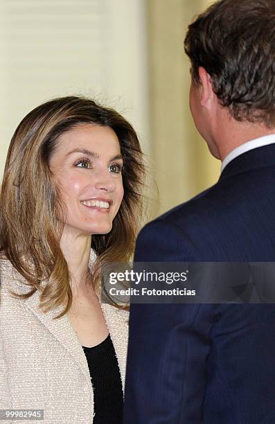 Princess Letizia of Spain receives members of the 'Principe de Girona' foundation, at El Pardo Palace on May 19, 2010 in Madrid, Spain.