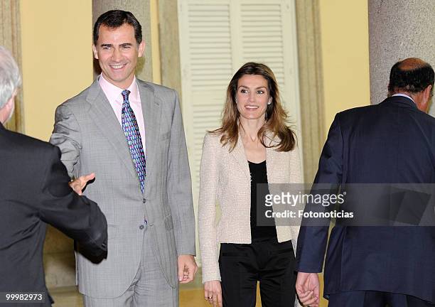 Prince Felipe of Spain and Princess Letizia of Spain receive members of the 'Principe de Girona' foundation, at El Pardo Palace on May 19, 2010 in...