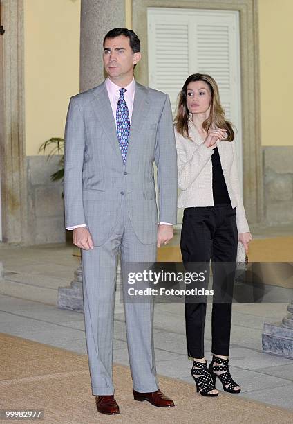 Prince Felipe of Spain and Princess Letizia of Spain receive members of the 'Principe de Girona' foundation, at El Pardo Palace on May 19, 2010 in...