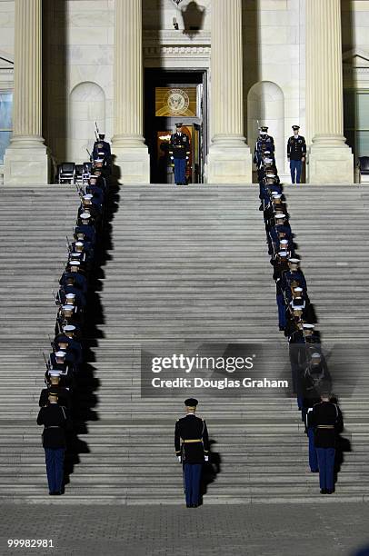 Military personal line the East front of the House side of the U.S. Capitol before the remains of former U.S. President Gerald R. Ford arrived for a...